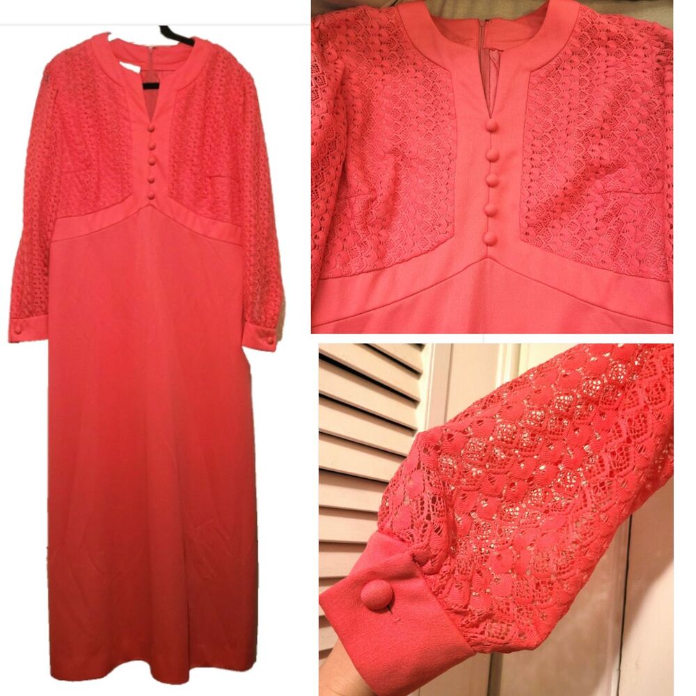 VTG 1970s Hot Pink Sheer Lace Sleeve Barbie Maxi Hostess Dress Gown XXL 1x - 2x